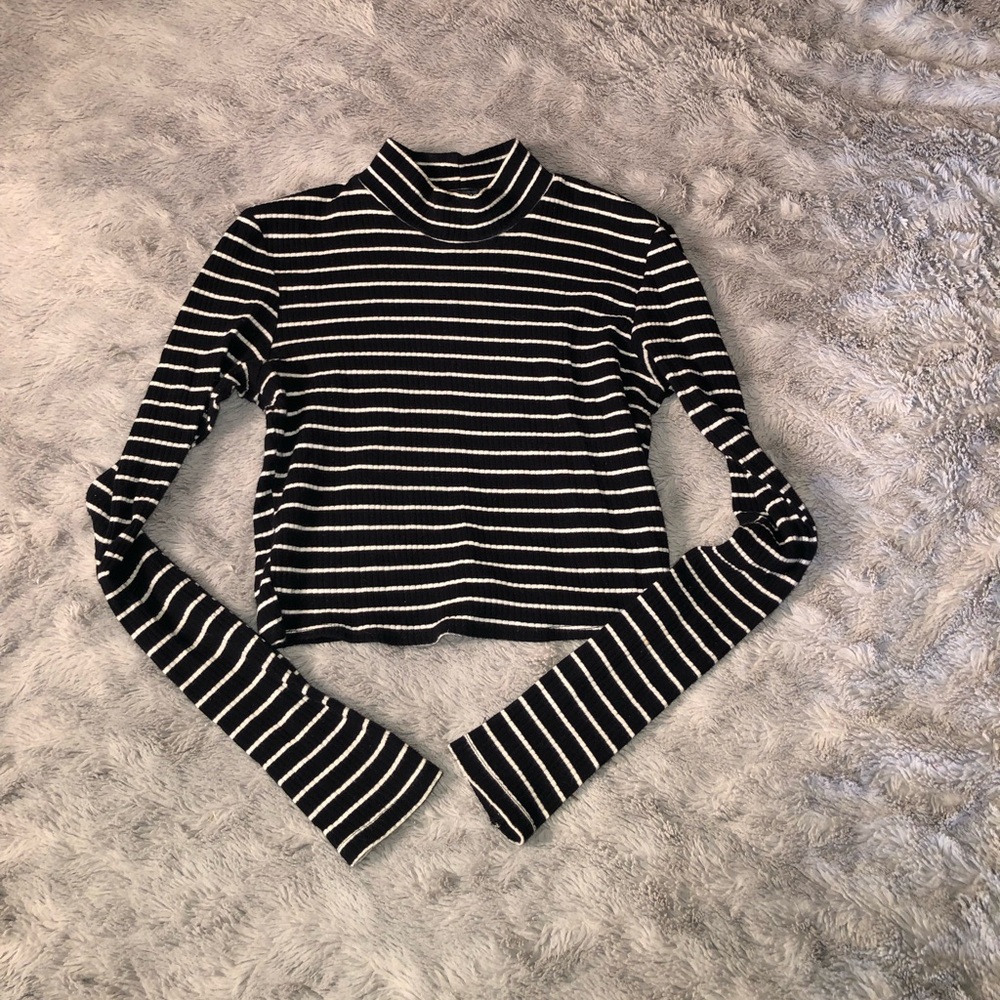 Topshop Black and White Striped Turtleneck Crop Top